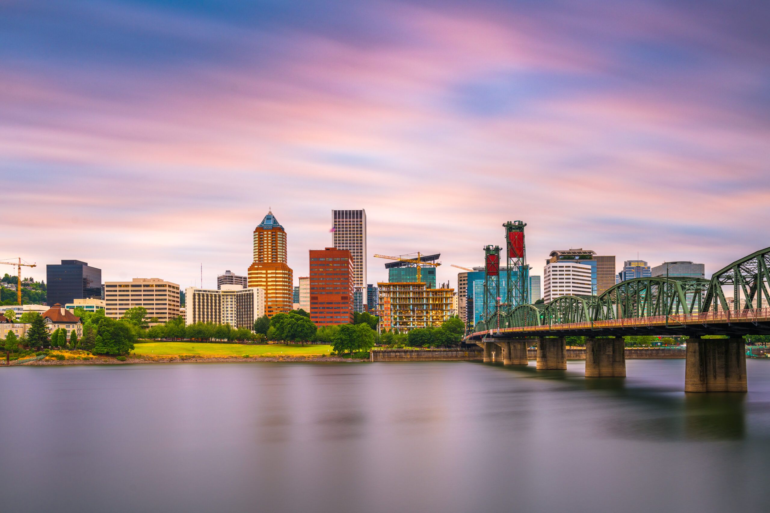 Portland, Oregon, USA skyline at dusk on the Willamette River.